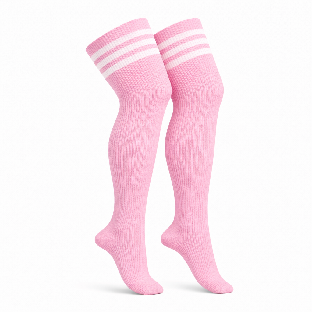 Pink and white striped plus size thigh high socks
