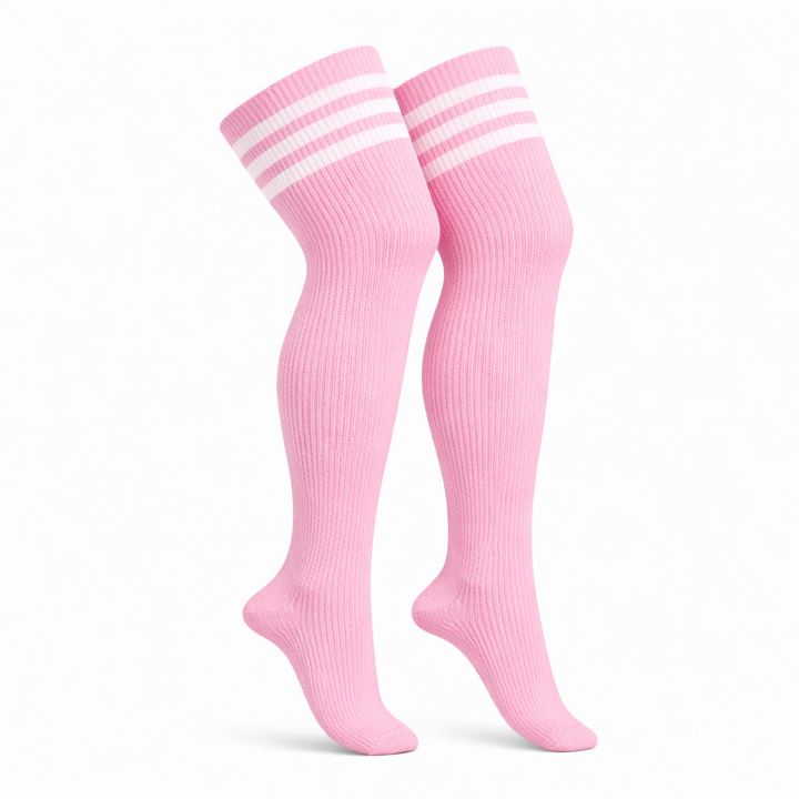 Pink and white striped plus size thigh high socks