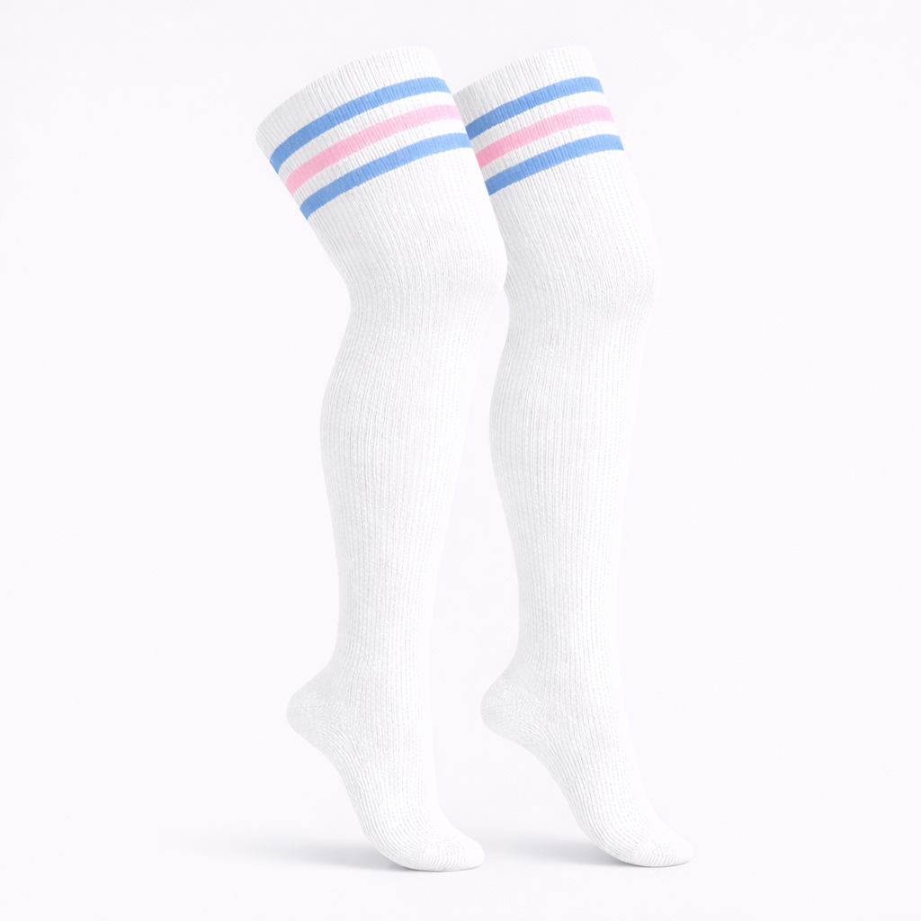 White thigh high socks with pink floral blossom print, plus size