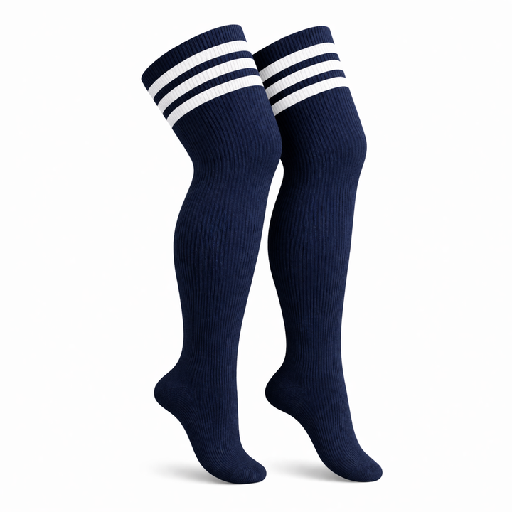 Navy blue nautical striped plus size thigh high socks