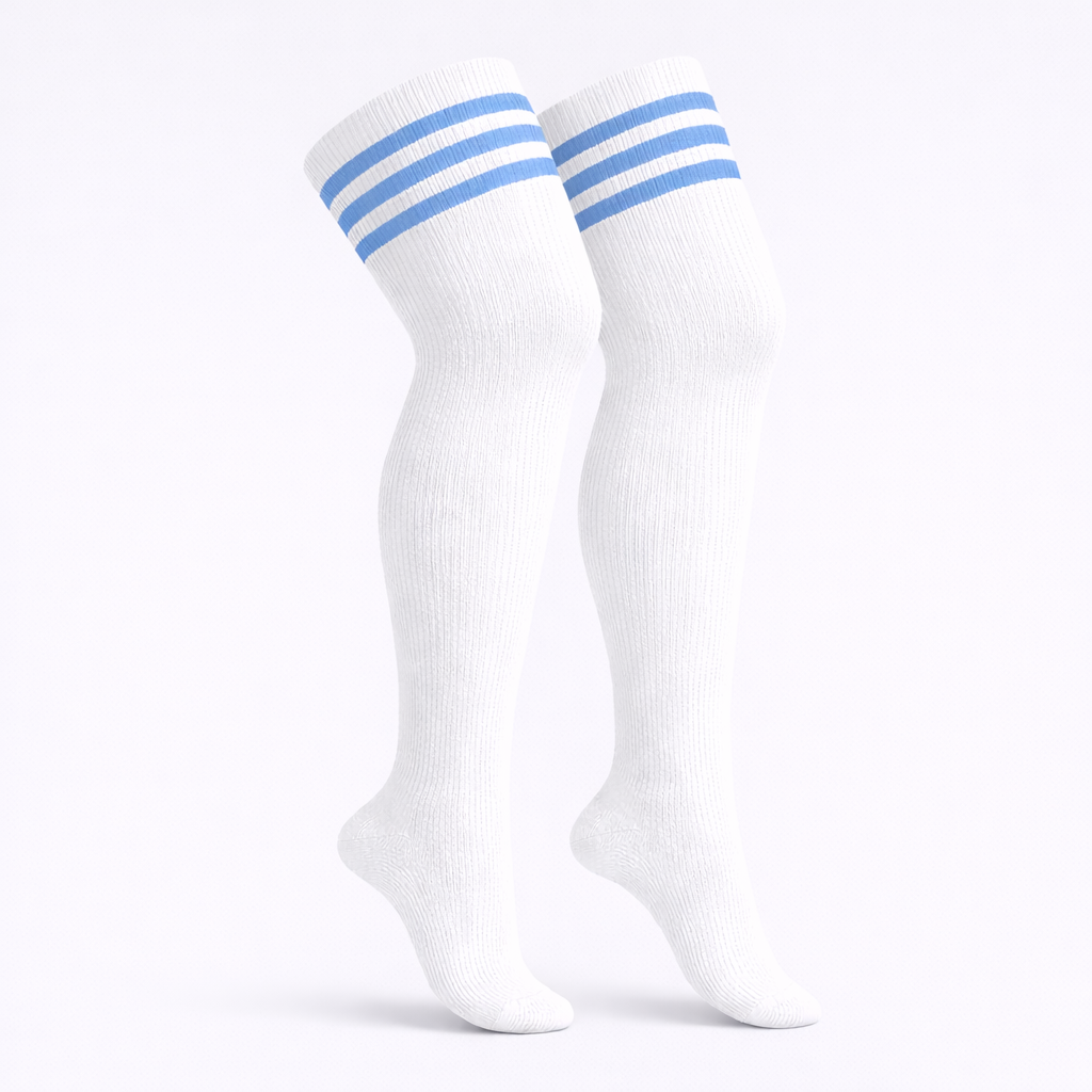 Blue and white striped plus size thigh high socks