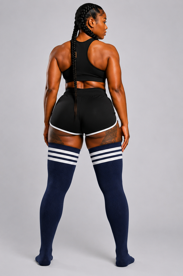 Navy blue nautical striped plus size thigh high socks