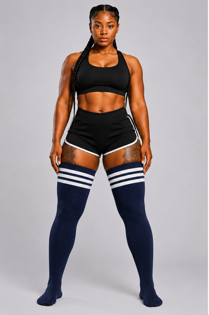 Navy blue nautical striped plus size thigh high socks