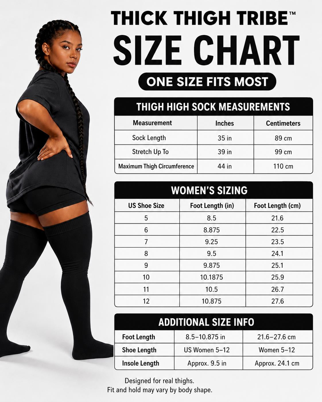 Thick Thigh Tribe thigh-high sock size chart. Sock length 35in, stretches to 39in, fits up to a 44in thigh. Fits US women's shoe size 5 to 12.