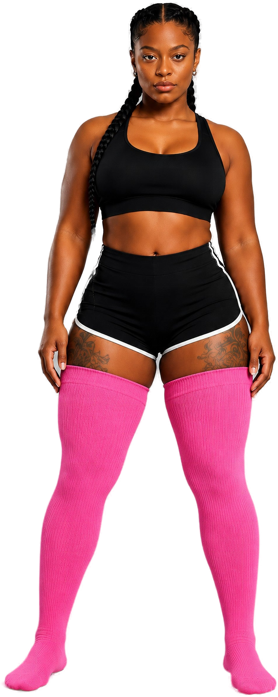 Plus-size Tribe creator in pink thigh-high socks